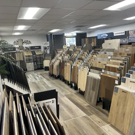 Hardwood flooring samples on display in a San Diego Showroom