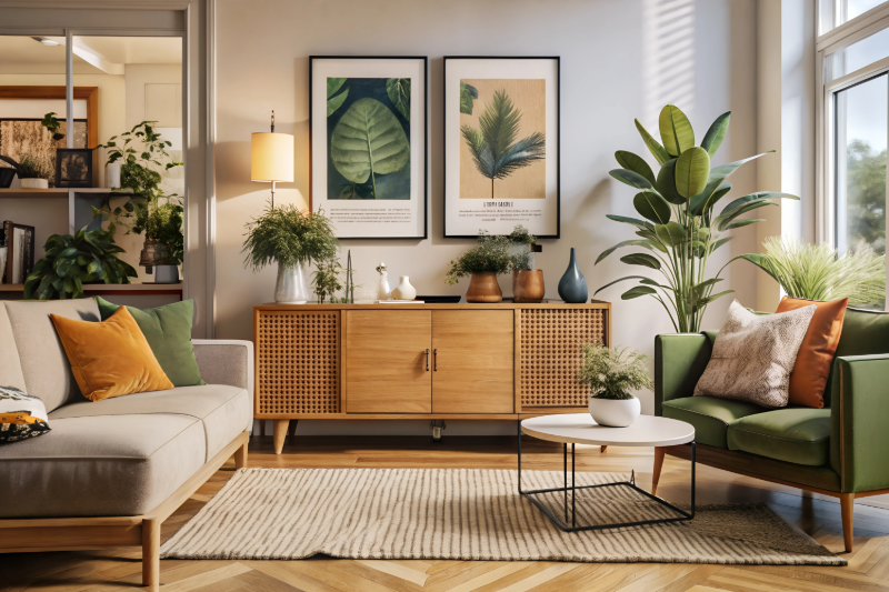 Stylish living room with warm earthy decor
