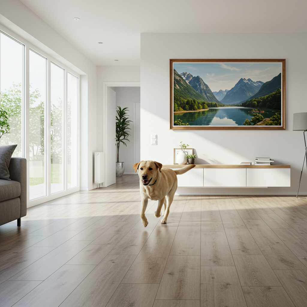 Yellow lab dog running on an LVT Pet Friendly floor in a modern home
