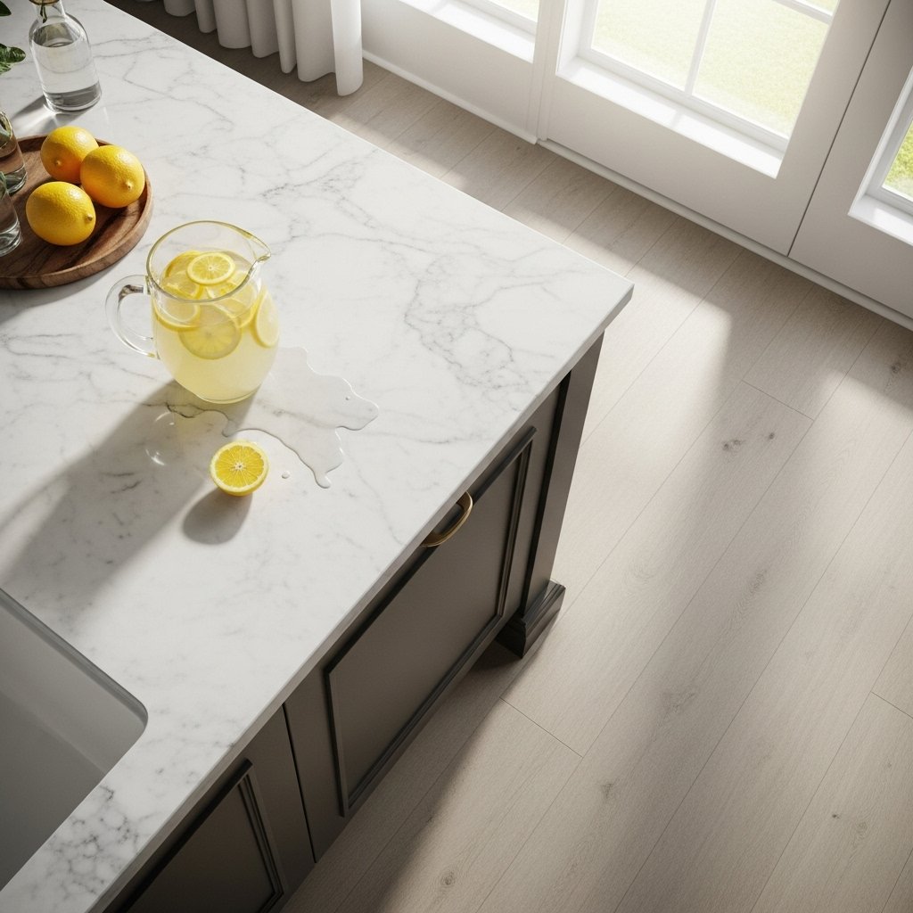 Marble Kitchen Counter island with a spilled pitcher of lemonade and waterproof LVP floors